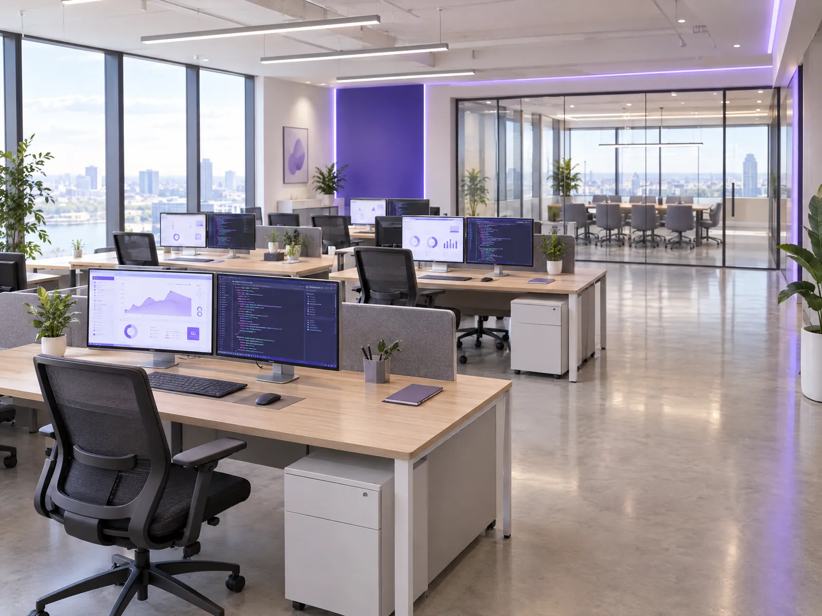 A bright, modern open-plan IT office with rows of desks, dual monitors and a glass meeting room