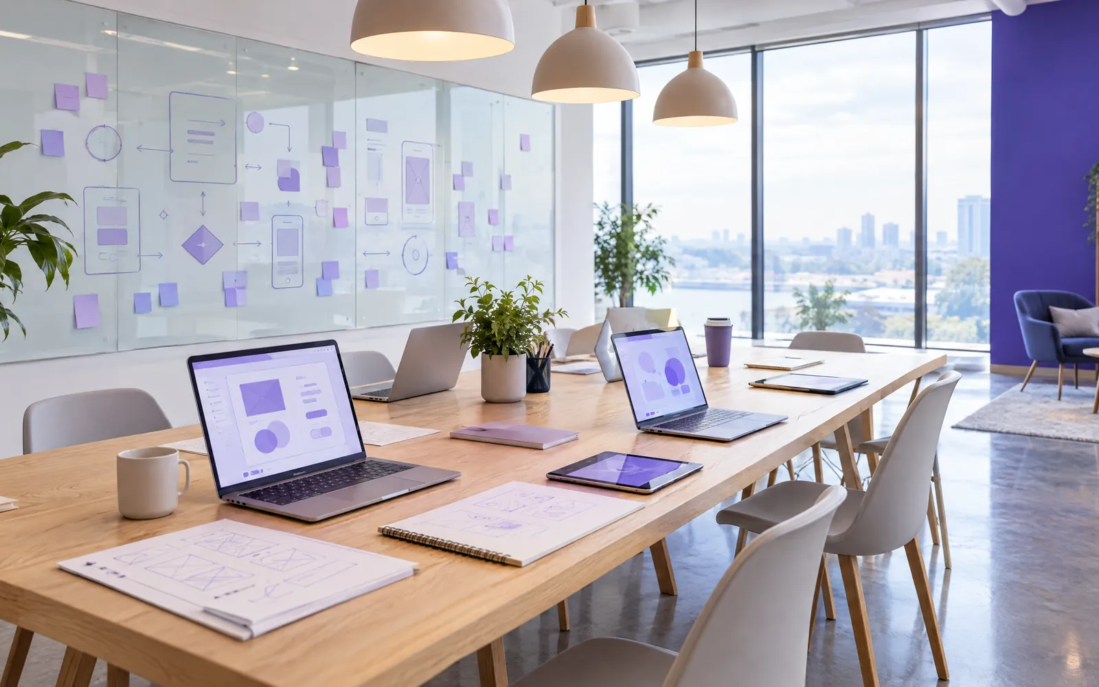 A bright, modern collaborative studio with a long oak worktable, laptops, wireframe sketches and a glass whiteboard of flow diagrams