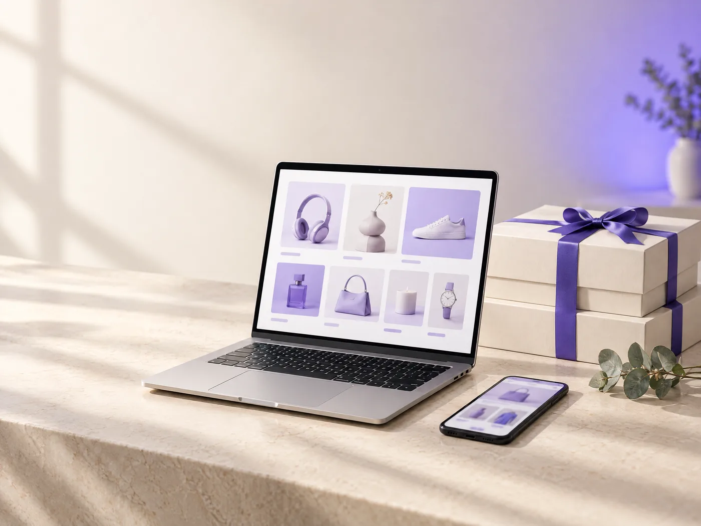A laptop showing an online store product grid beside gift boxes tied with a violet ribbon and a smartphone