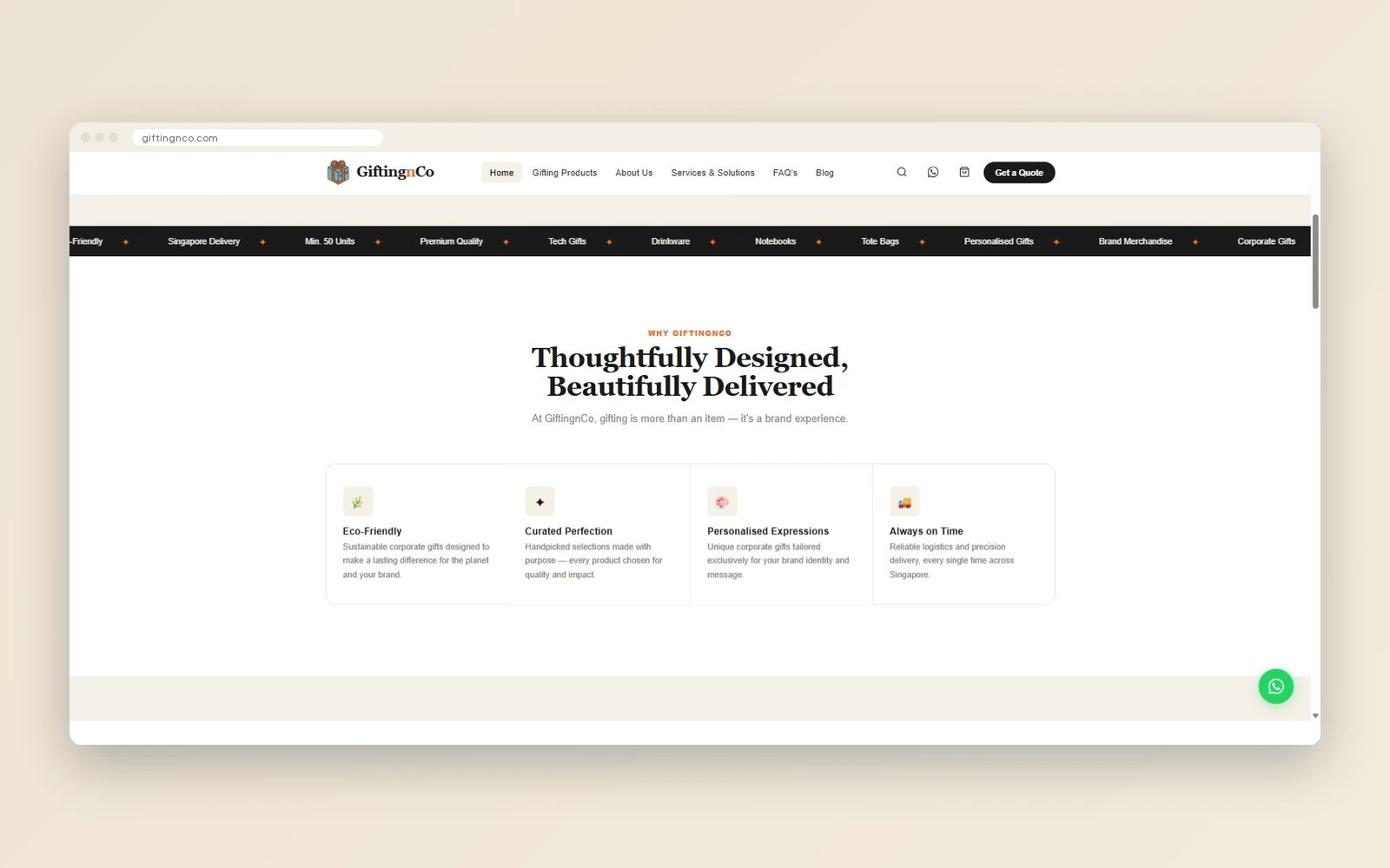 GiftingnCo homepage section explaining what makes the service different, with four benefit cards