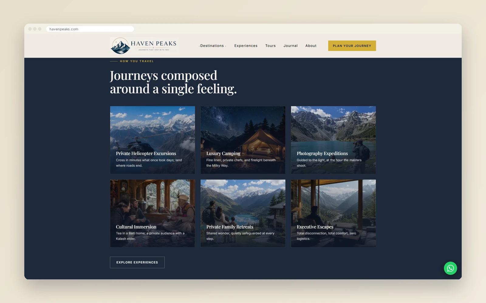 Haven Peaks homepage section showing six journey styles including private helicopter excursions, luxury camping and photography expeditions