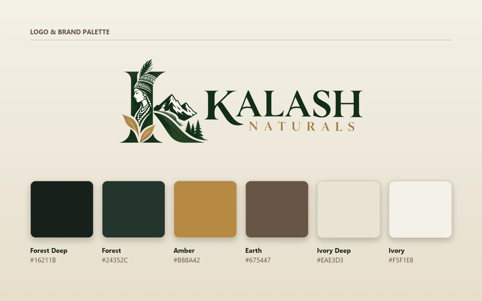 The Kalash Naturals logo above the brand colour palette of forest greens, amber, earth brown and ivory