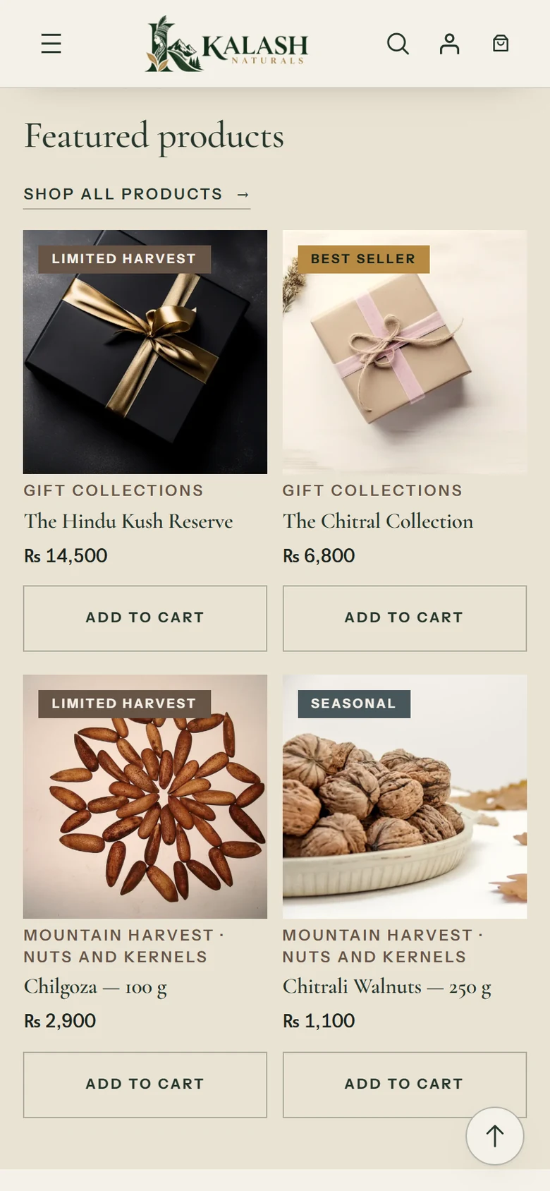 Kalash Naturals featured products on a phone in a two-column grid with badges and prices