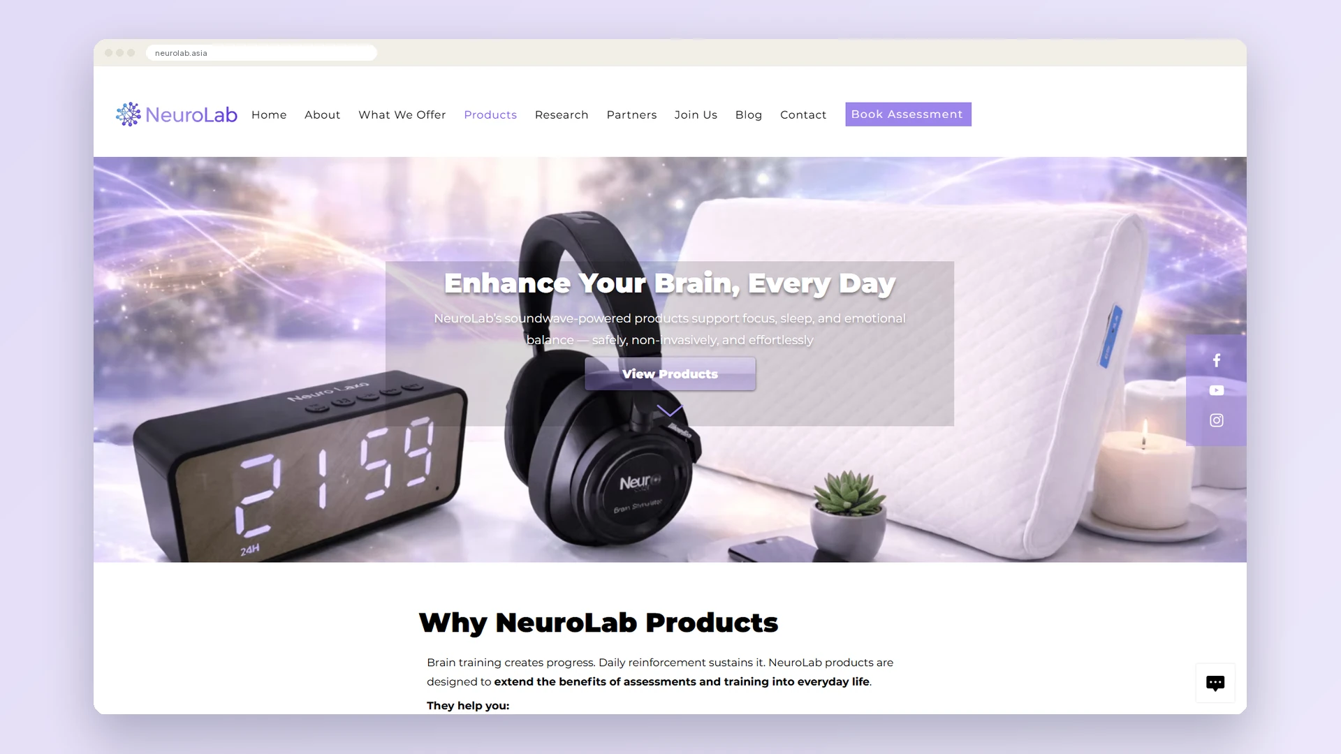 NeuroLab products page with a banner of the SMART Pillow, DormioPlus headphones and Neuro Laxo alarm clock