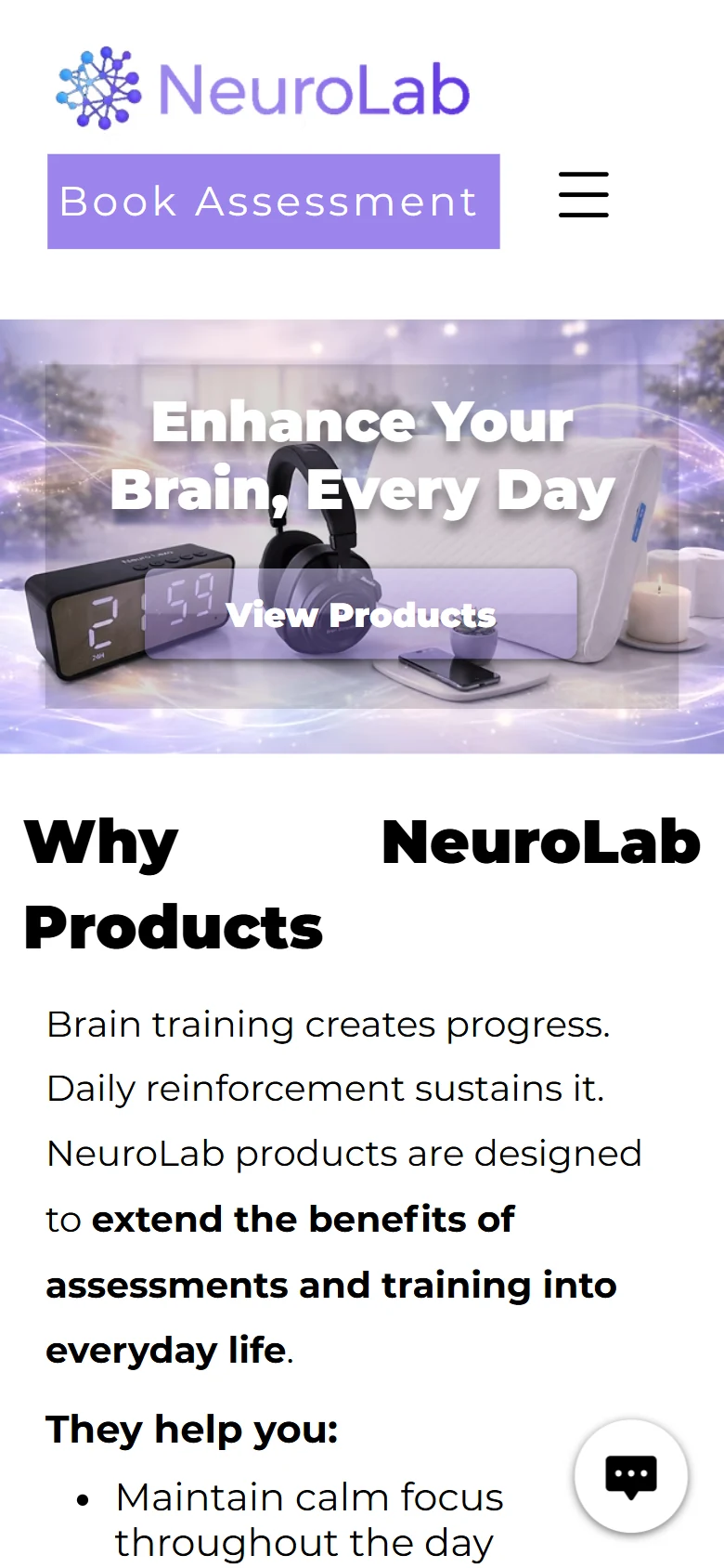 NeuroLab products page on a phone with the Enhance Your Brain, Every Day banner