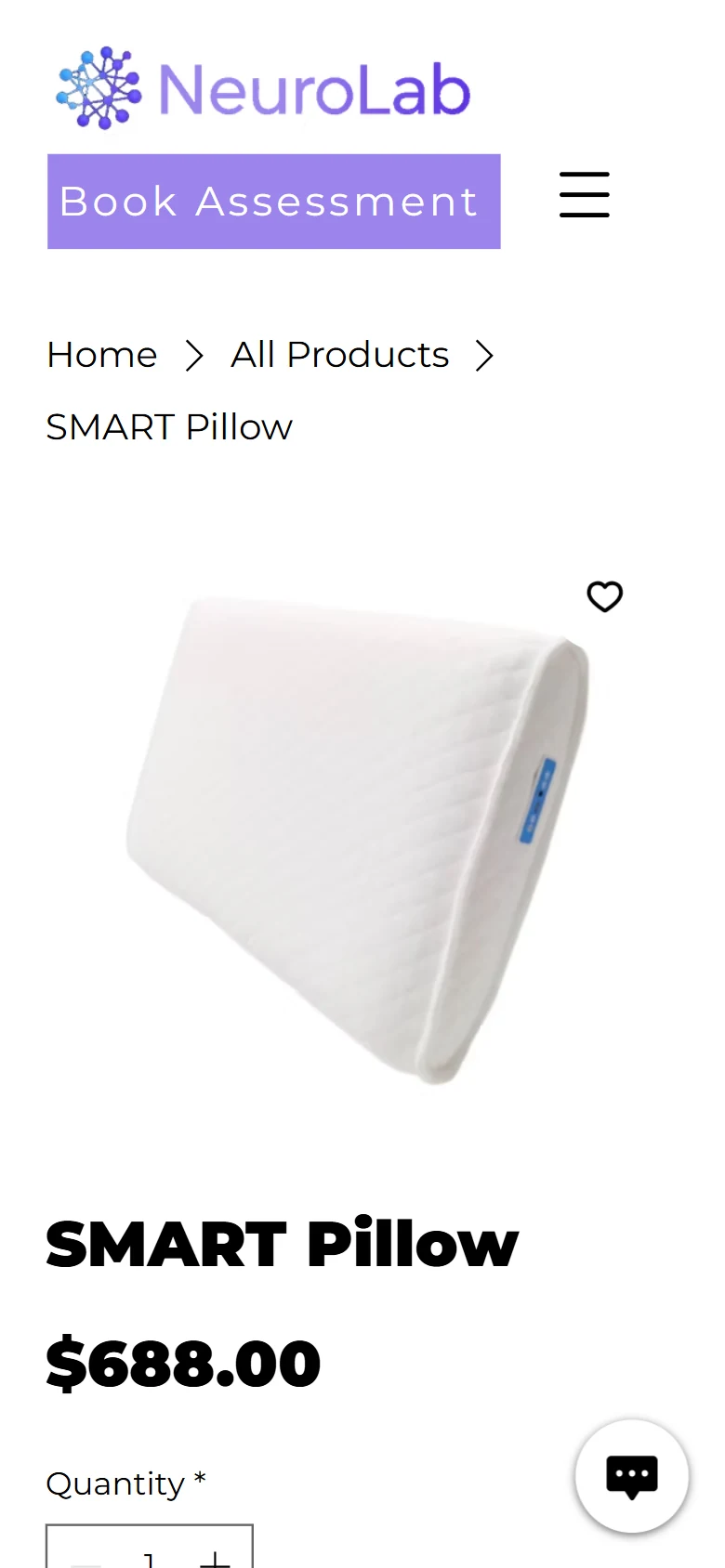 NeuroLab SMART Pillow product page on a phone showing the product image, name and price